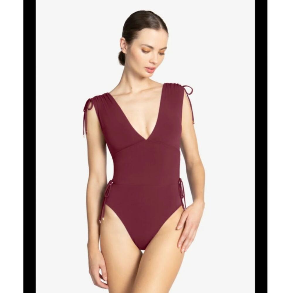 Robin Piccone Aubrey V Plunge One-Piece Swimsuit in Rubine Size: 8